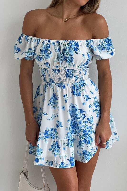 Blue Floral Fit And Flare Dress Mini