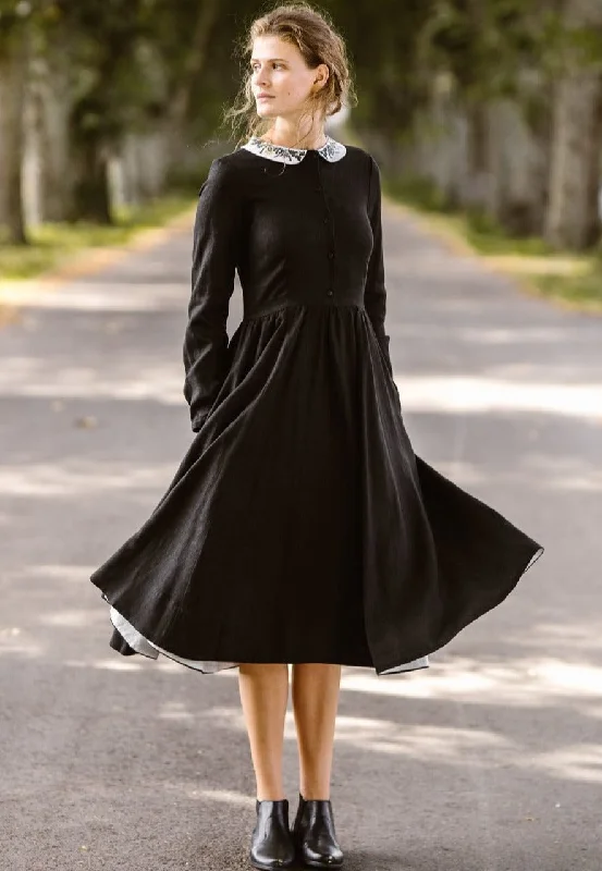 Classic Dress with Embroidered Meadow Collar, Long Sleeve