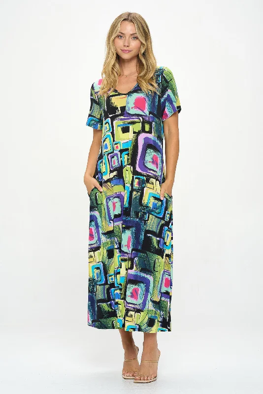 HIT V-Neck Long Dress W/Pocket-7085HT-SRP1-K-W400