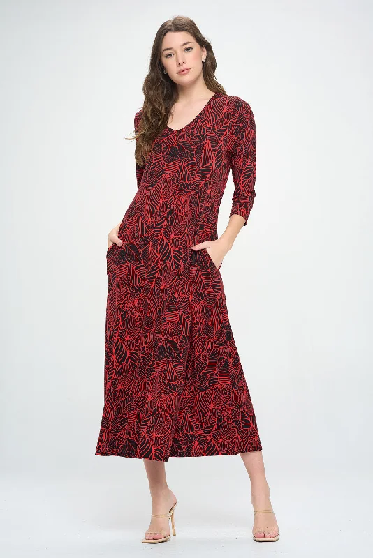 HIT V-Neck Long Dress W/Pocket-7085HT-QRP1-K-W344