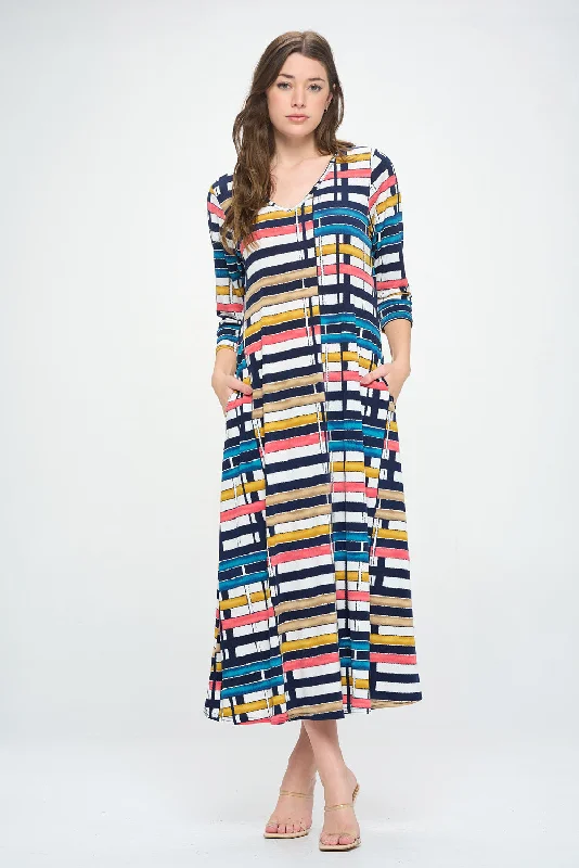 HIT V-Neck Long Dress W/Pocket-7085HT-QRP1-K-W358