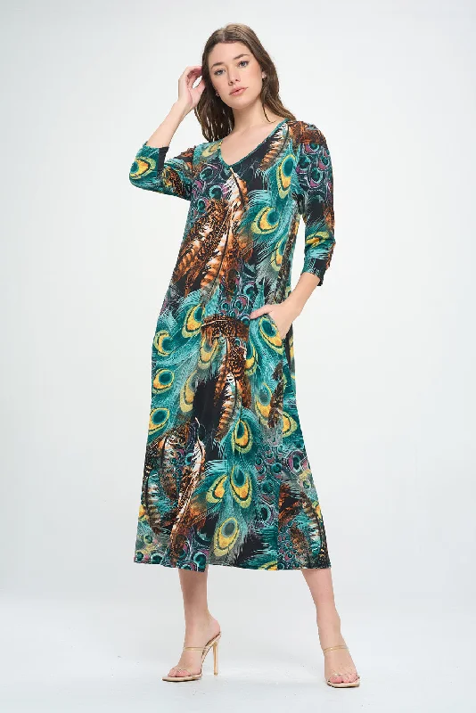 HIT V-Neck Long Dress W/Pocket-7085HT-QRP1-K-W367