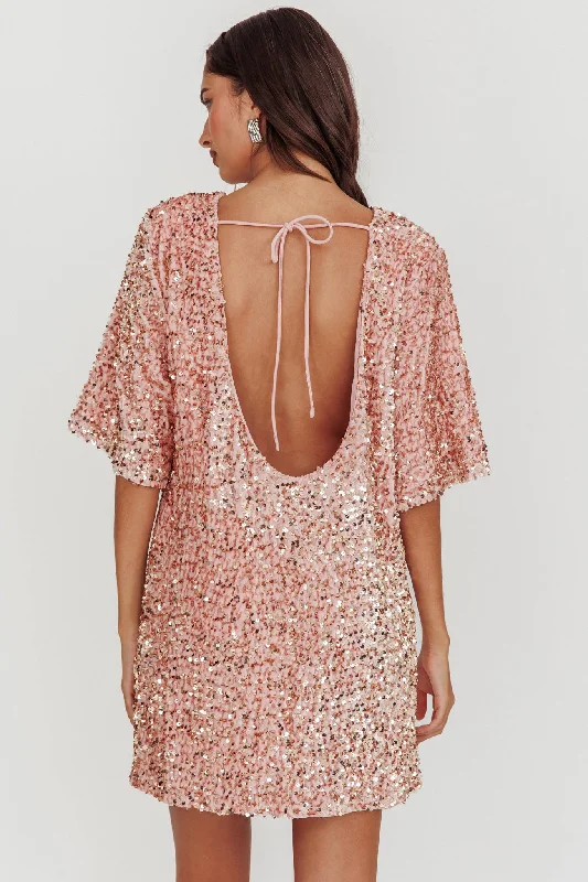 Miramar Backless Sequin Dress Baby Pink