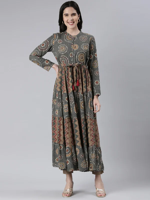 Neeru's Grey Maxi Casual Printed Dresses