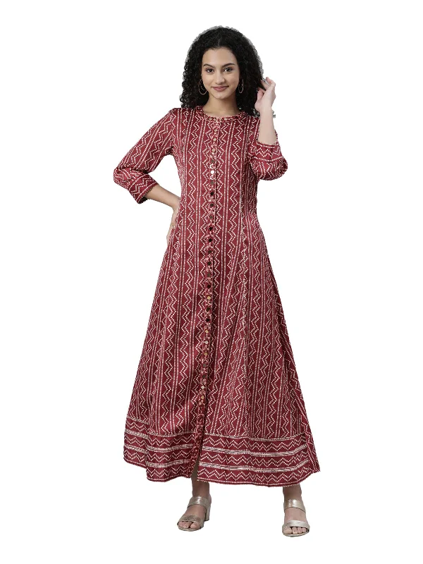 Neeru's Maroon Straight Casual Printed Dress