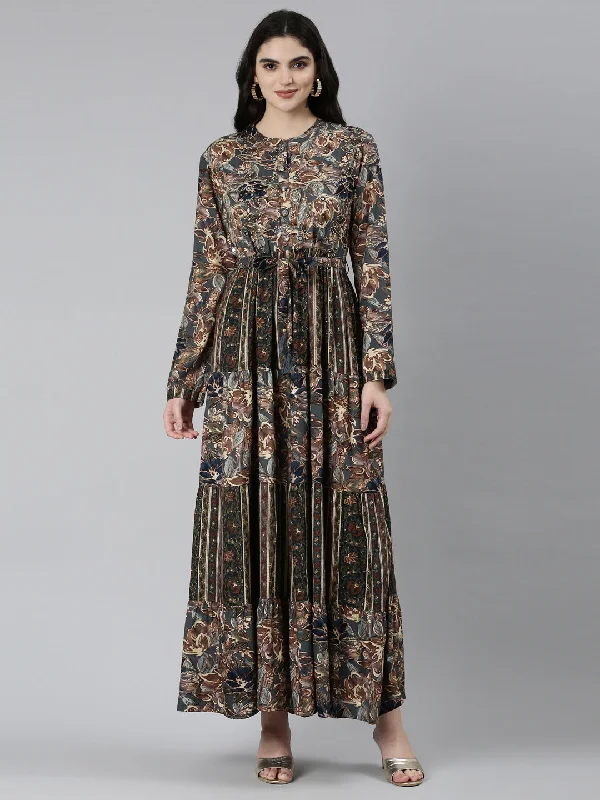 Neeru's Olive Straight Casual Floral Dresses