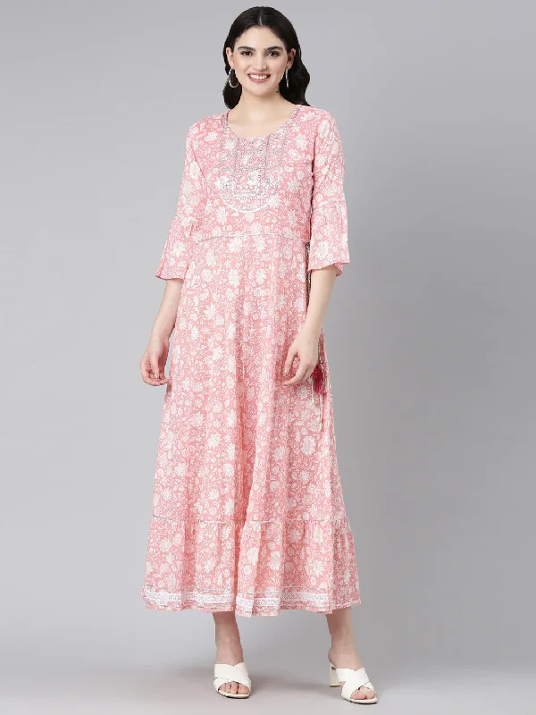 Neeru's Pink Straight Casual Printed Dress