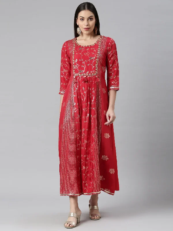 Neeru's Red Color Silk Fabric Printed Kurta