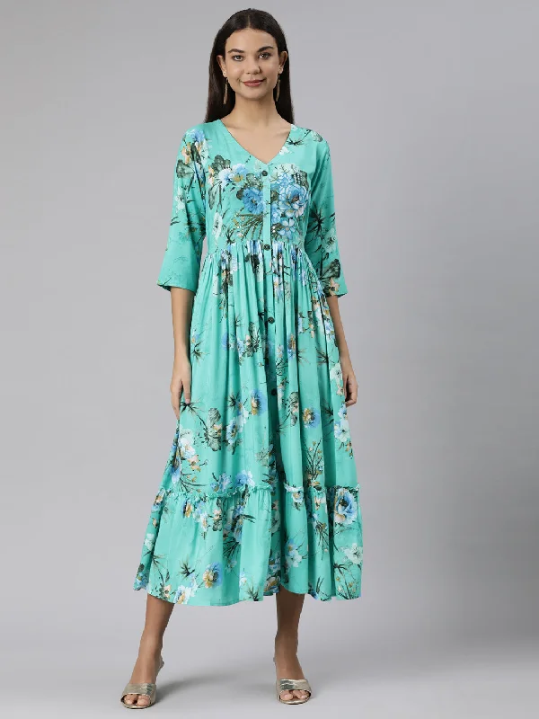 Neeru's Sea Green Straight Casual Floral Dresses