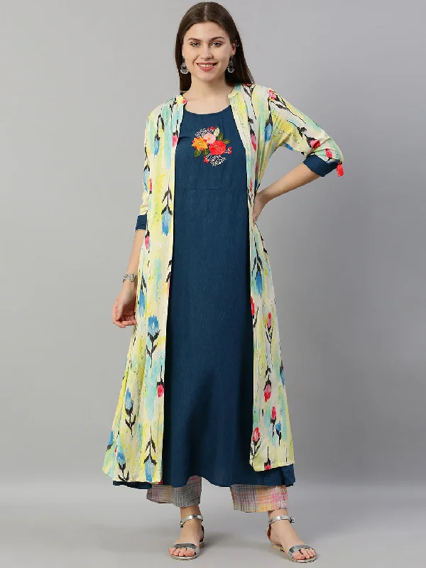 Neeru's Women Teal Blue Yellow Printed Layered A-Line Kurta With Embroidered Detailing