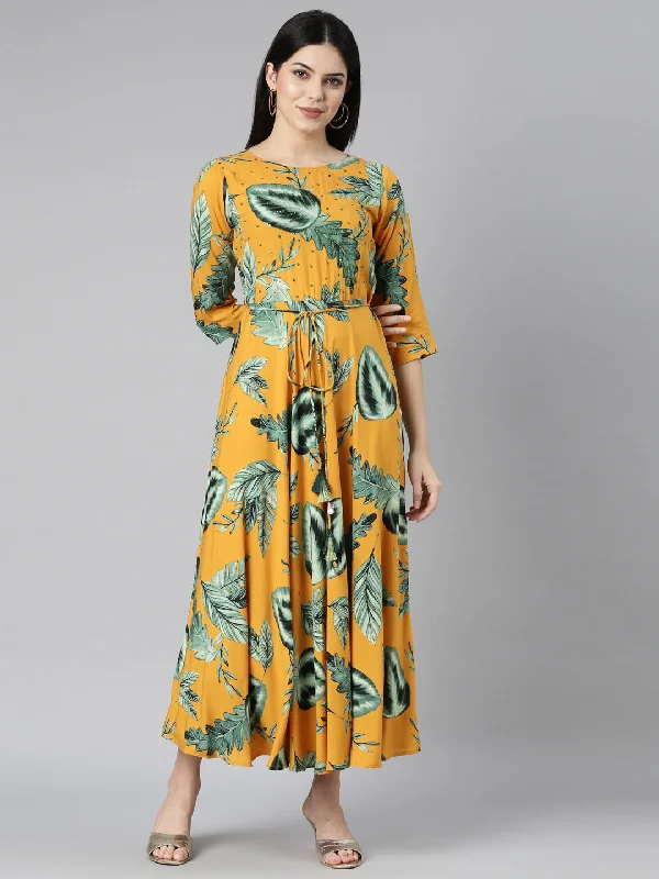 Neerus Yellow Casual Floral Fit and Flare Dresses