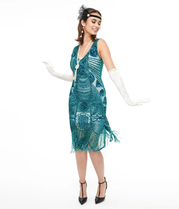 Special Order - Unique Vintage 1920s Style Teal Hand Beaded Fringe Bosley Flapper Dress