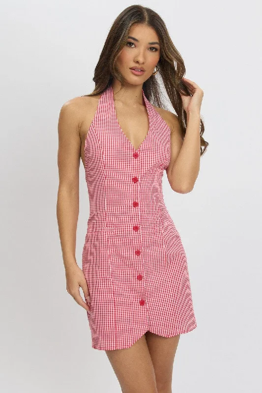 Red Check Halter Neck Dress Mini