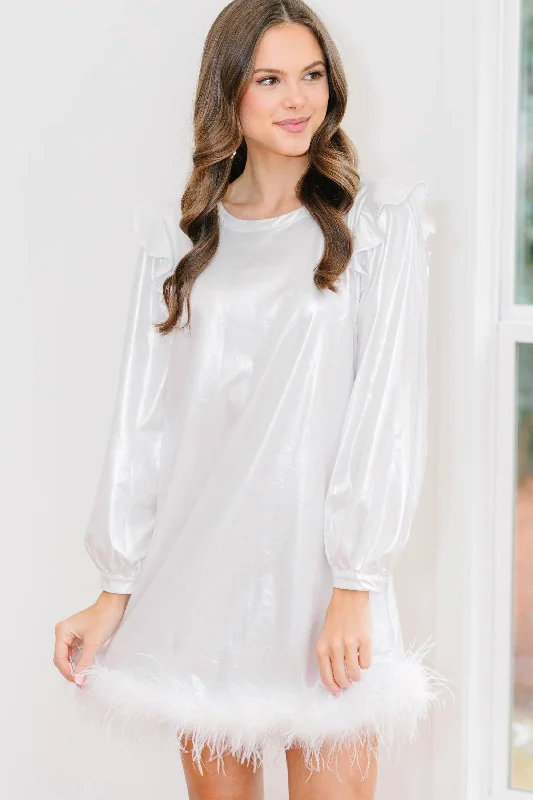 Rising Star White Metallic Feather Trim Dress