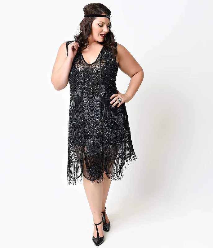 Special Order- Unique Vintage Plus Size 1920s Style Black Hand Beaded Fringe Bosley Flapper Dress