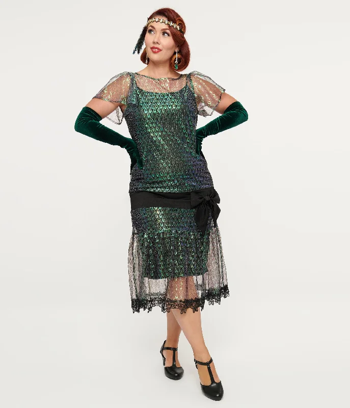 Unique Vintage 1920s Iridescent Peacock & Black Bow Flapper Dress