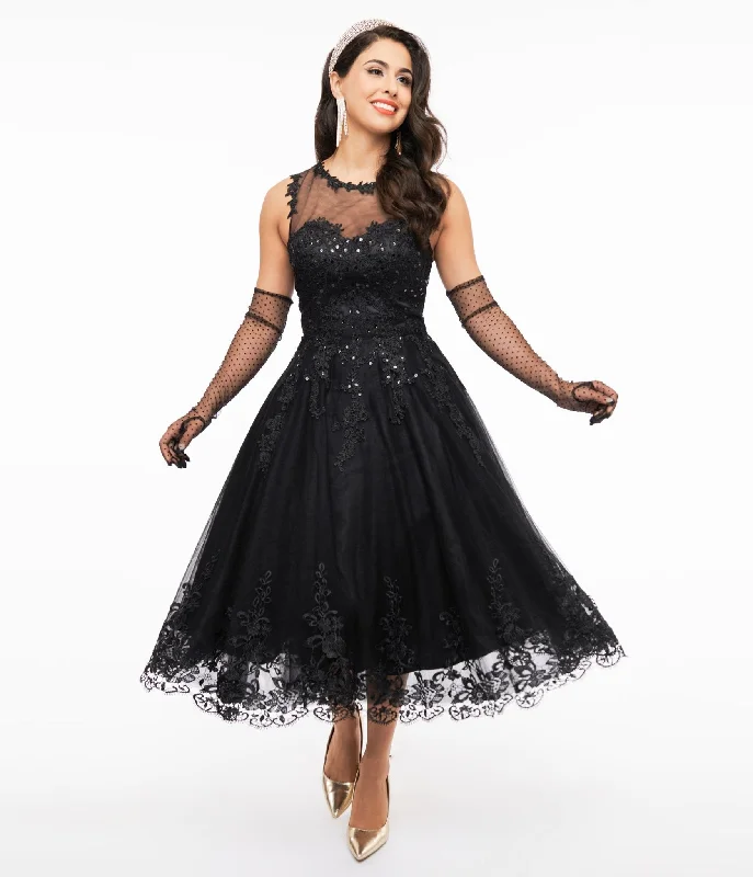 Unique Vintage 1950s Black Lace & Tulle Riviera Dress