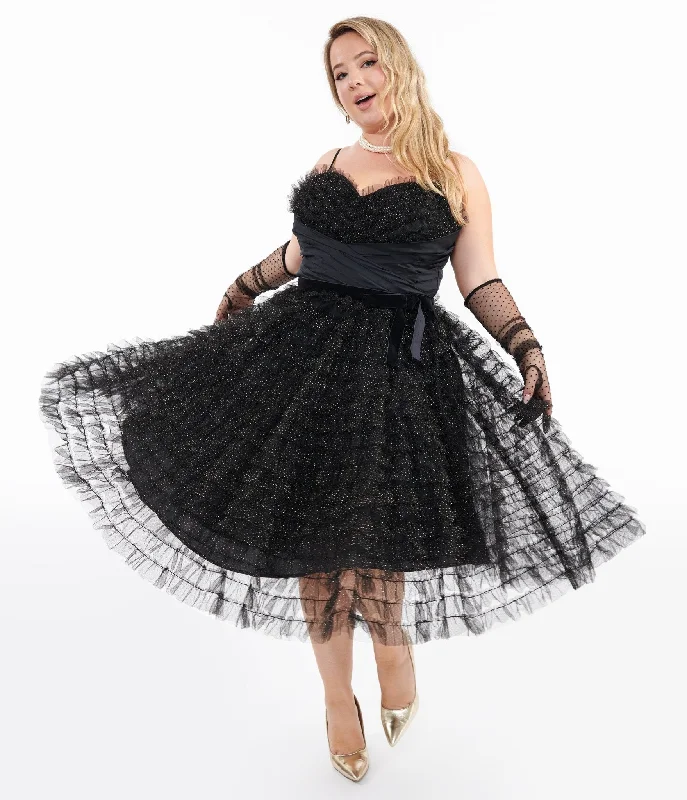 Unique Vintage Plus Size 1950s Black & Gold Glitter Tulle Cupcake Swing Dress