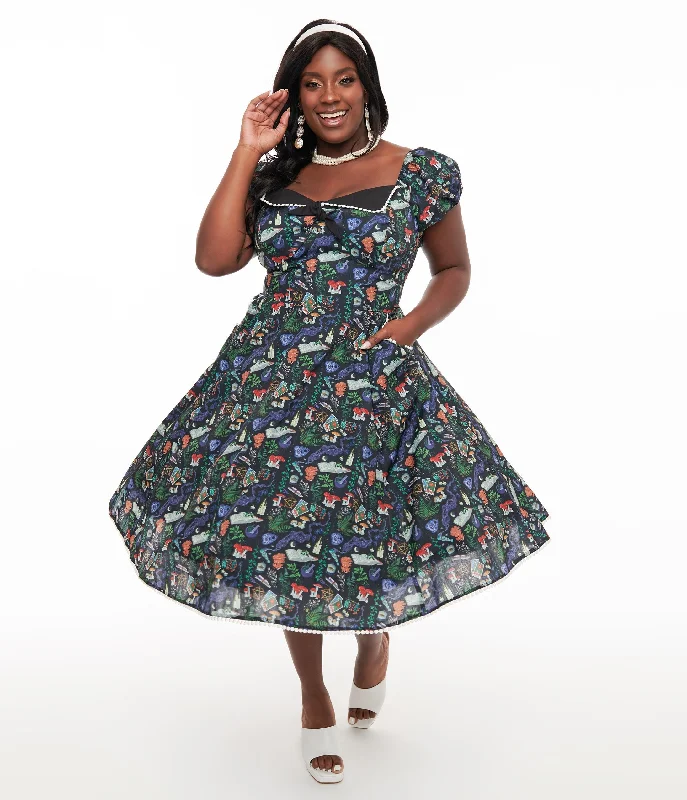 Unique Vintage Plus Size 1950s Black Spellbinding Print Swing Dress