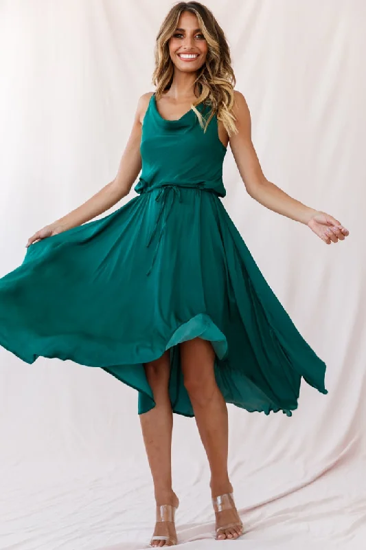 Ava Cowl Neck Drawstring Midi Dress Forest Green