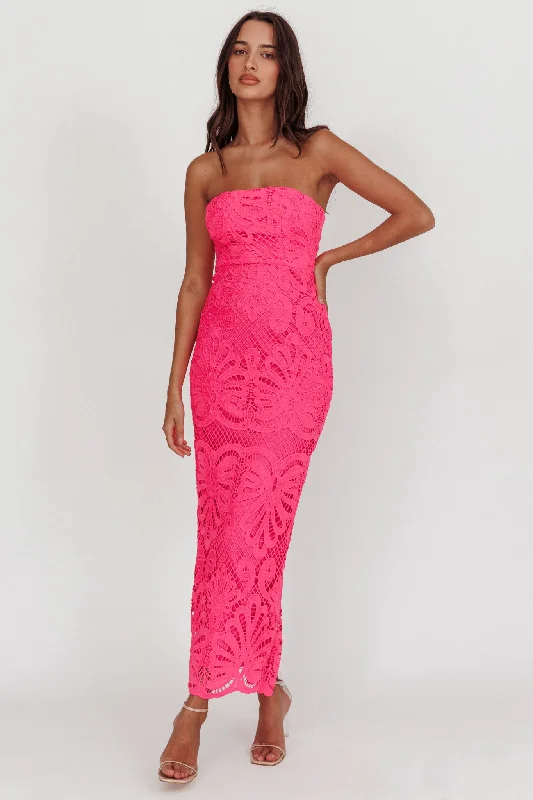 Bia Strapless Lace Embroidered Maxi Dress Hot Pink