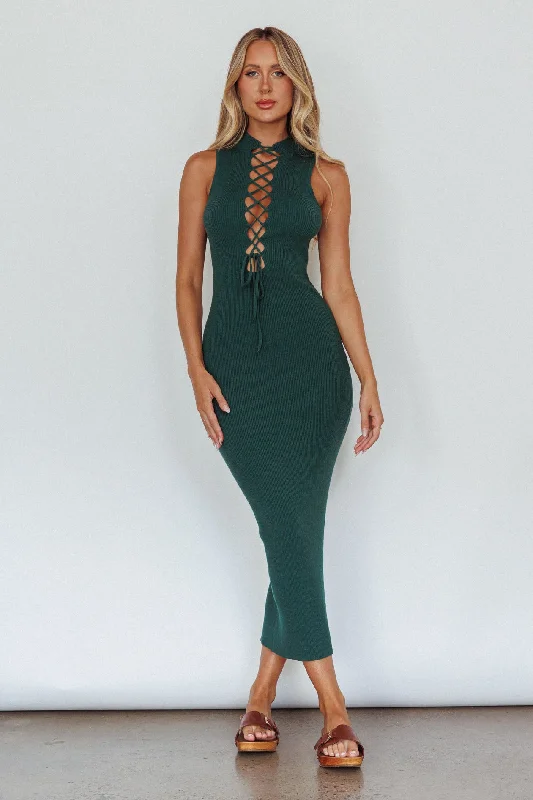 Brand New Day Lace-Up Bust Knit Midi Dress Emerald