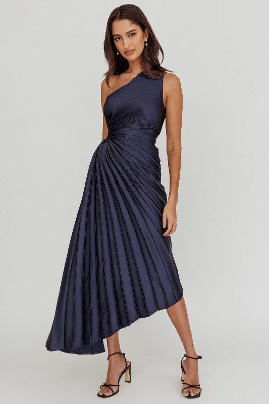 Brooklynn One-Shoulder Accordion Pleat Midi Dress Navy