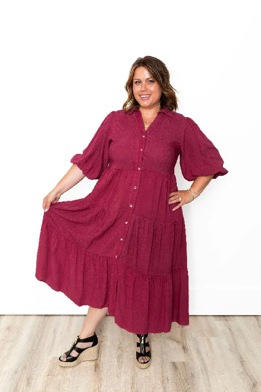 Button Down Tiered Midi Dress - Berry