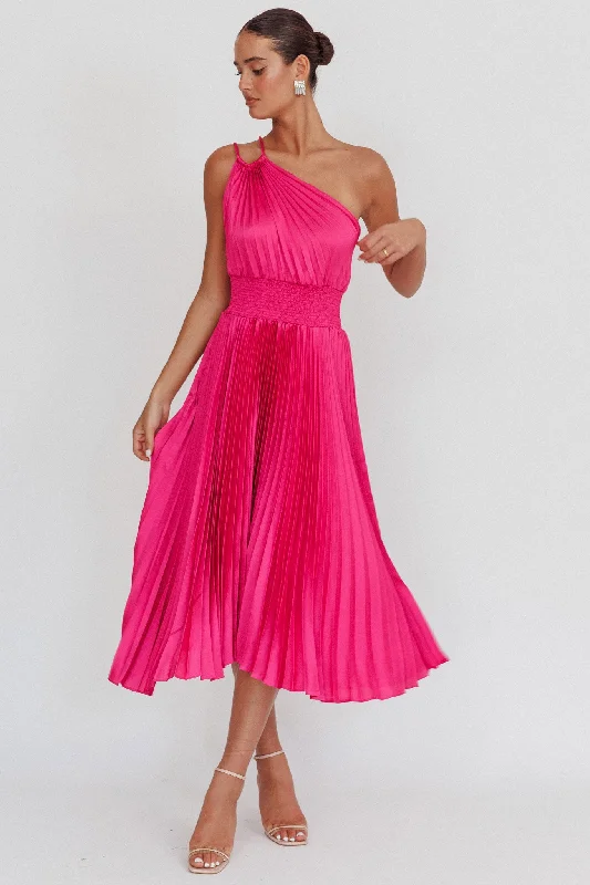 Calissa One Shoulder Pleated Midi Dress Magenta