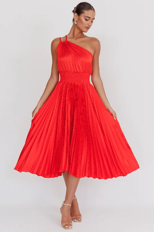 Calissa One Shoulder Pleated Midi Dress Red