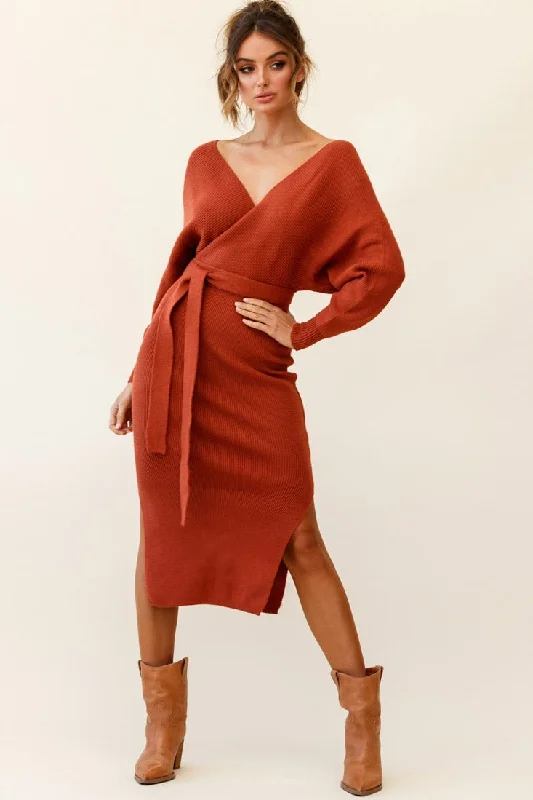 Cameo Batwing Knit Midi Dress Camel