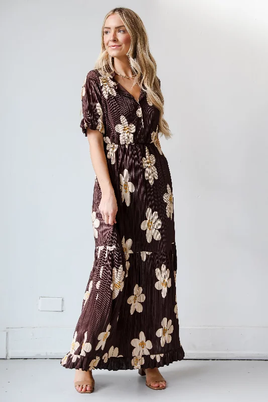 FINAL SALE - Exceptional Sweetness Brown Plisse Floral Maxi Dress