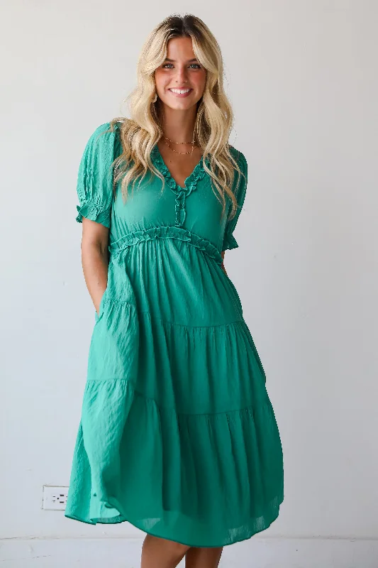 FINAL SALE - Exquisite Potential Green Tiered Midi Dress