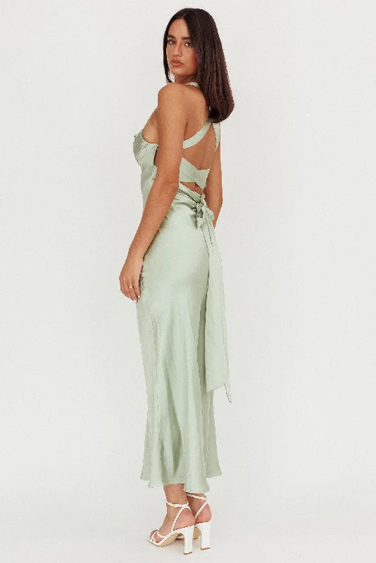 Favorite Part Crossover Back Satin Maxi Dress Sage