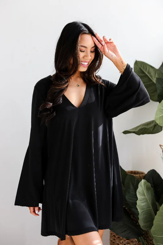 FINAL SALE - Flirty Delight Black Bell Sleeve Mini Dress