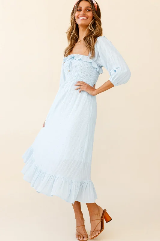 Flynn Off-Shoulder Shirred Bust Midi Dress Ice Blue