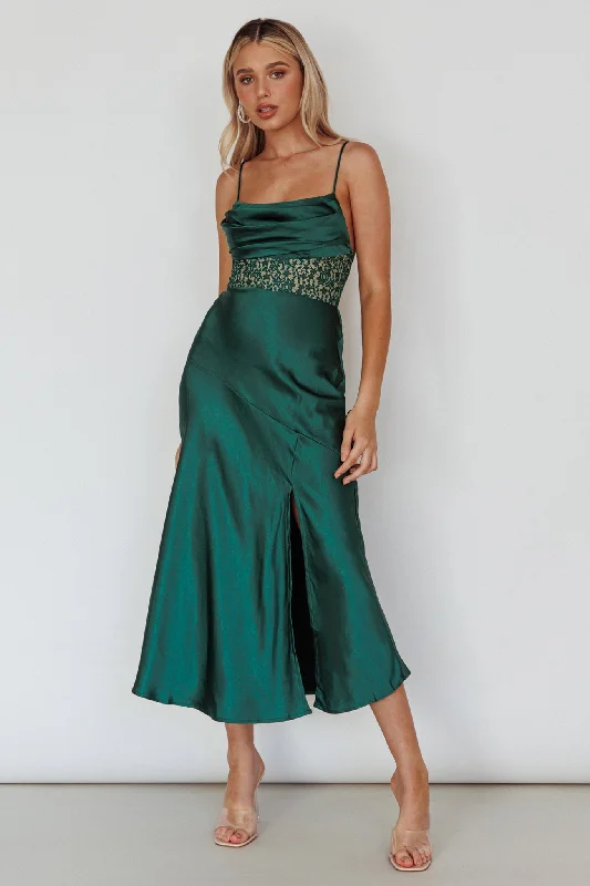 Golden Era Cowl Neck Lace Waist Midi Dress Jade