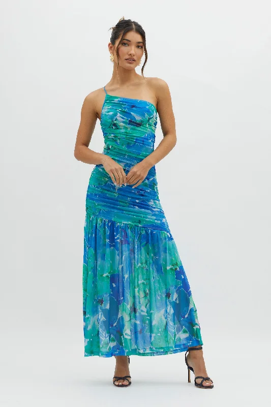 Golden Sun One-Shoulder Ruched Maxi Dress Green