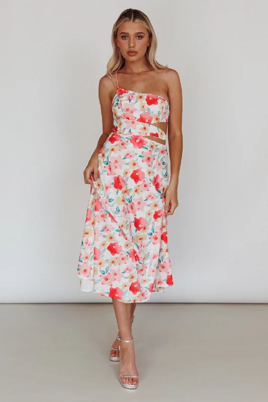 Halia One-Shoulder A-Line Midi Dress Floral Pink