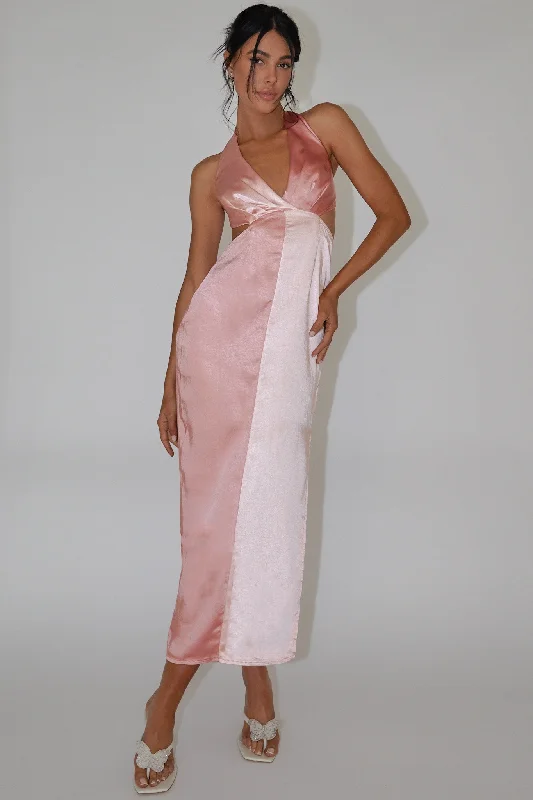 Harlequin Halterneck Satin Maxi Dress Blush