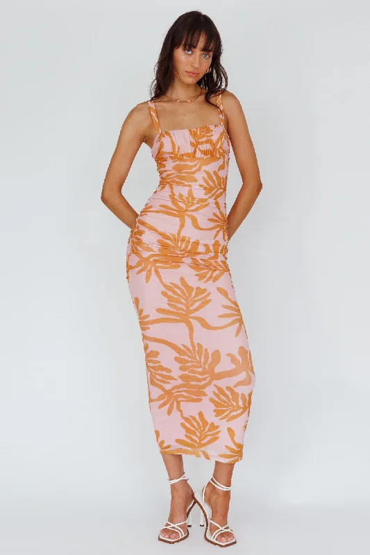 Hawaiian Sun Ruched Bust Midi Dress Print Pink