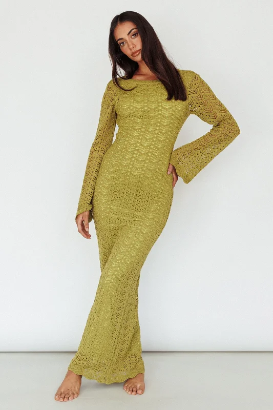 Hyland Open Back Crochet Maxi Dress Olive