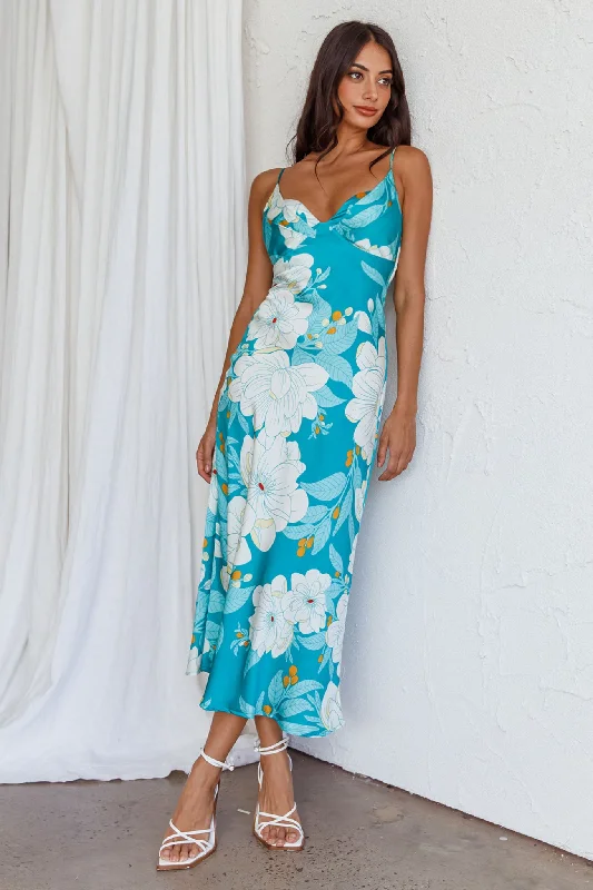 Infinity Pintuck Bust Midi Dress Flower Teal