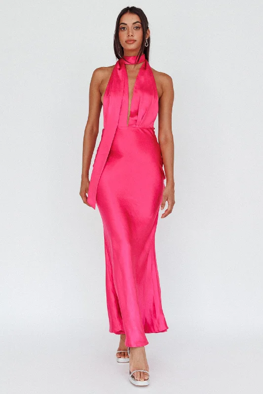 Italia Azure Halterneck Maxi Dress Hot Pink