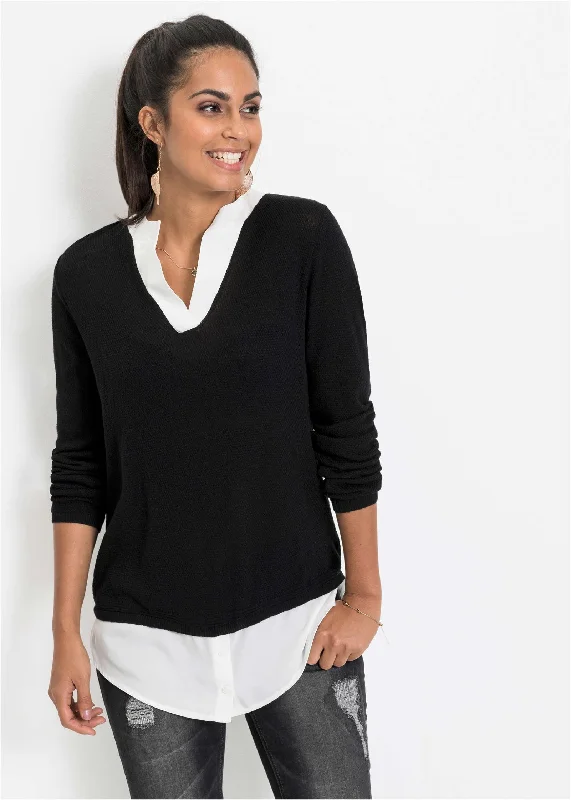 Layered Look Sweater - Black