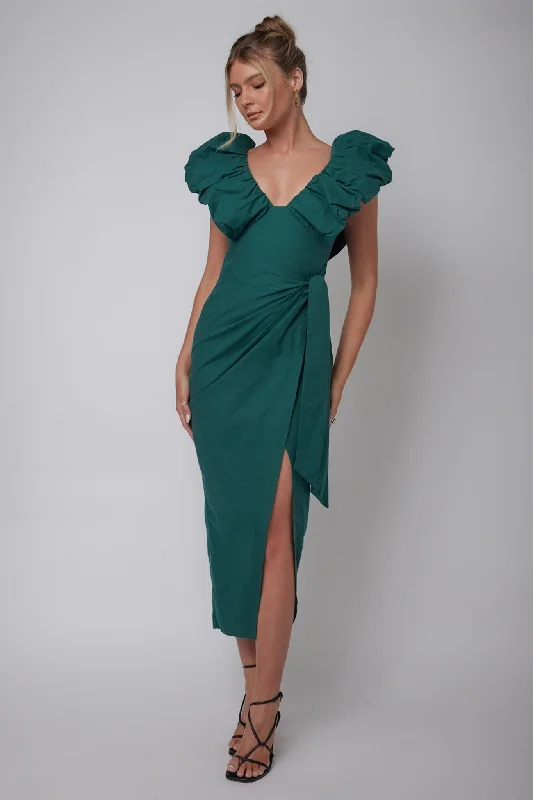 Kahlo Ruffle Neckline Wrap Midi Dress Green