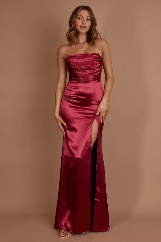 Kalisa Strapless Thigh Split Maxi Dress Burgundy