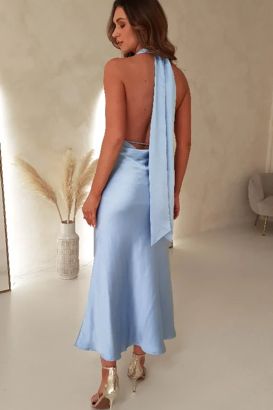 Kaylah Satin Halter Neck Maxi Dress | Light Blue