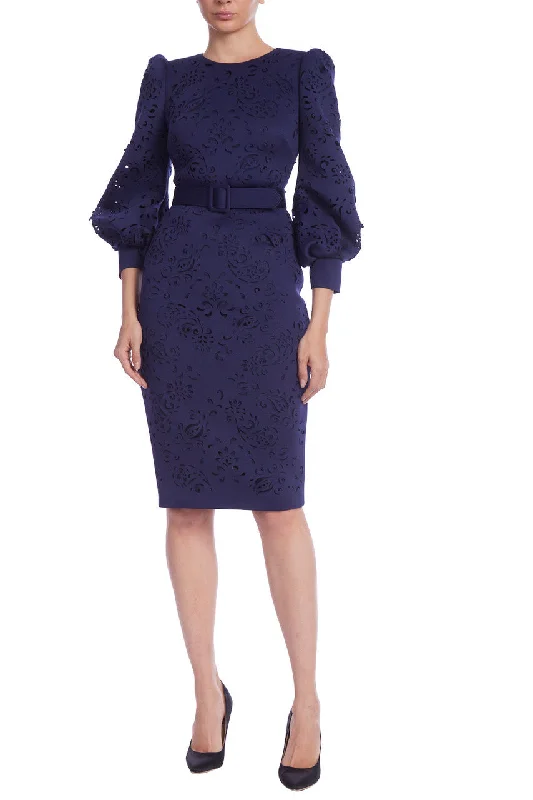 Laser-Cut Belted Sheath Dress - Navy