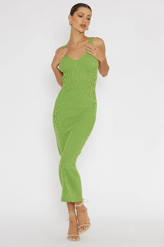 Linzi Lace-Up Back Knit Midi Dress Green